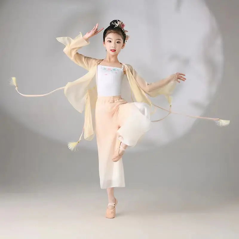 Kid Girl Classical Dance Clothing Embroidered Gauze Top Bow Lace-up Gradient Split 2-Layer Chiffon Flowing Wide Leg Pants