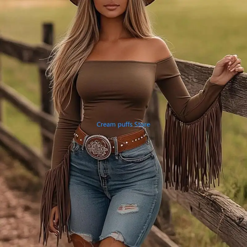 50LE Festival Wear Women T-Shirt Off Shoulder Fringe Long Sleeve Stretchy Tassels Top