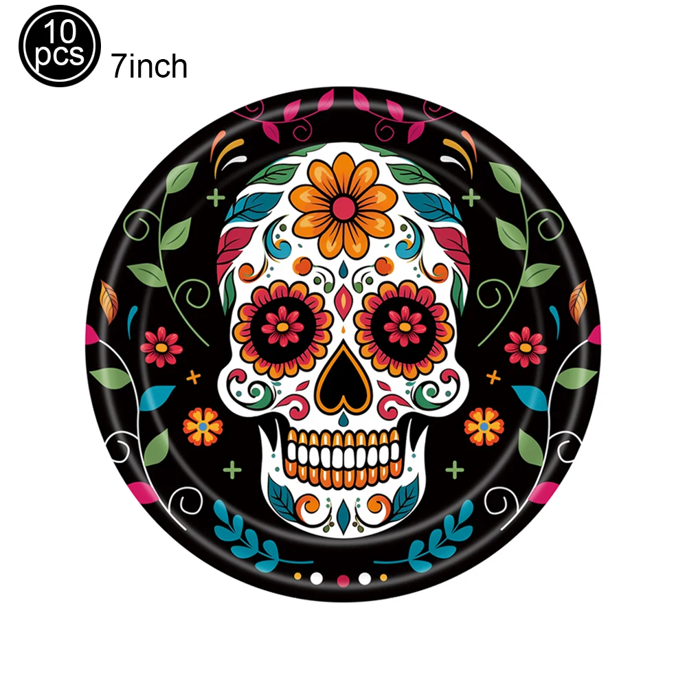 Mexican Day of the Dead Colorful Skull Disposable Tableware Plates Cups Napkins Banner Halloween Party Table Decoration Supplies