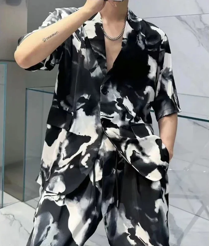

Graphic Shirts Pants Suits for Men Tie-dyes Print Nylon Trendy Two Piece Set 2025 Trend Basic High Quality Tee Man Trousers Sets