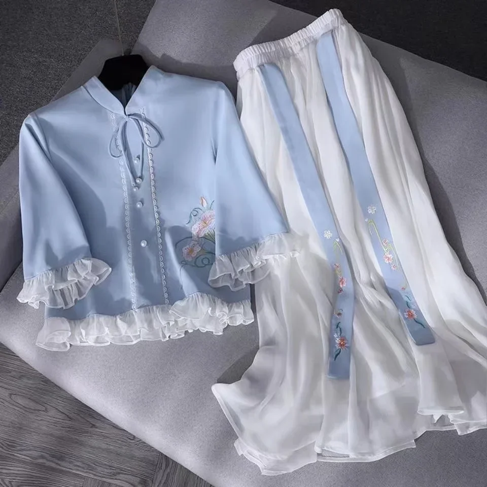 Summer Women Modern Hanfu Chinese Chiffon Blue Short Sleeve Top White Pleated Skirt Set Plus Size 3XL Costume Traditional Dress