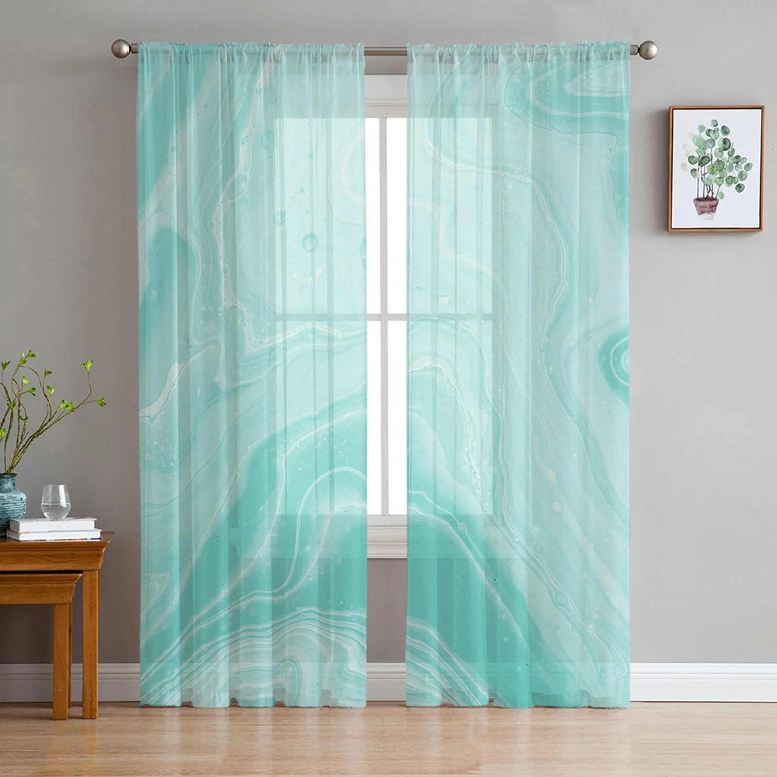 Marble Textured Fluid Pigment Aqua Sheer Curtains for Living Room Decoration Window Curtains Kitchen Tulle Voile Curtains