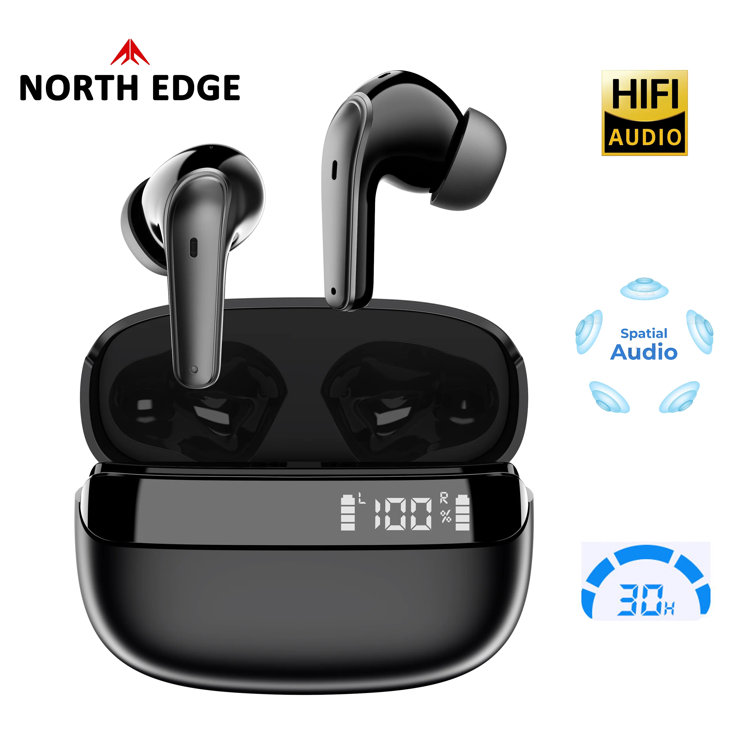 NORTH EDGE Wireless Bluetooth Headphones Tws Waterproof Earbuds Earphones Digital Display Heaset Large Capacity Charging Case