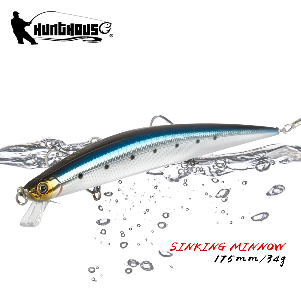 Hunthouse Minnow Fishing Lure Laser Hard Artificial Bait 175mm 34g Slow Sinking Plastic Big Fake Fish Lures Sea Fishing Bait