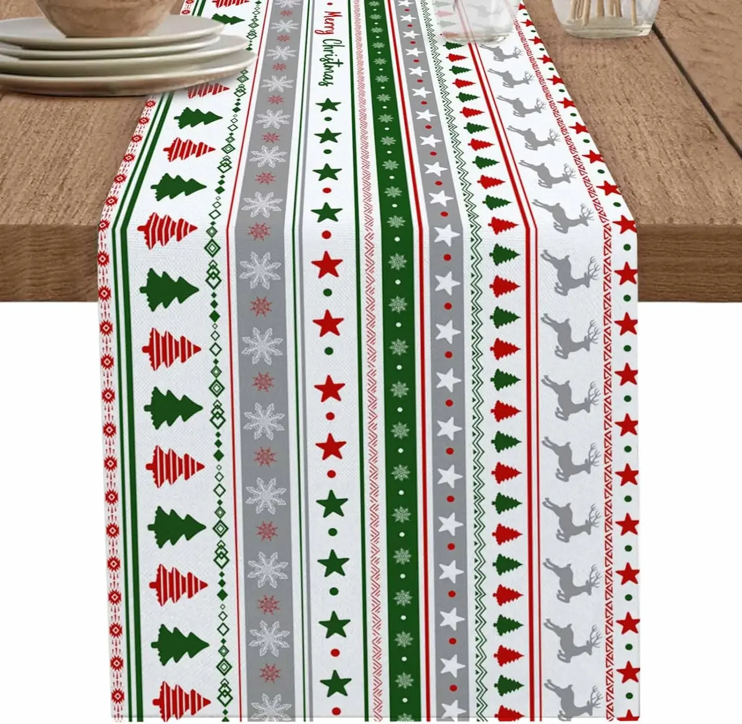Christmas Tree Snowflake Deer Strips Linen Table Runner Home Decor Winter Xmas Kitchen Dining Table Runners Christmas Decoration