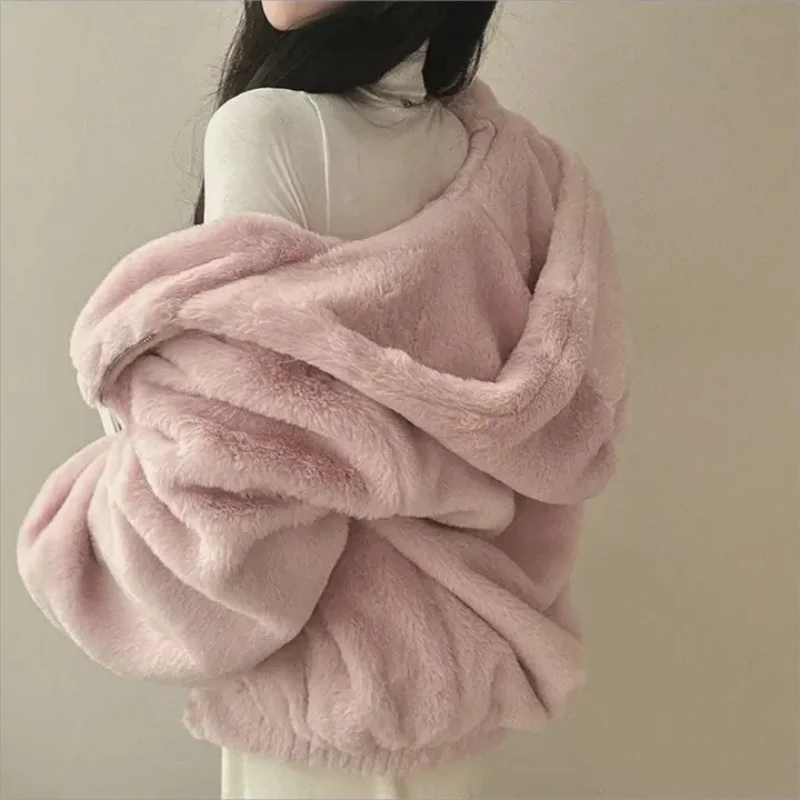 2024 Autumn winter Hooded Warm Loose Faux Rabbit Fur Jackets Thicken Korean Plush Winter High Quality Coats