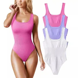 Body a costine in maglia tinta unita Abito estivo da donna con cinturino per spaghetti Canotte senza maniche Pagliaccetto Tuta da donna Abbigliamento da spiaggia Body Feminino