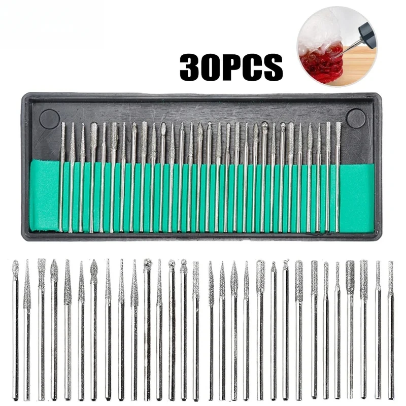 30pcs Shank Diamond Burs Set With Box For Dremel Electric Grinder Power Accessories Abrasive Drill Bit Rotary Tool Set 2.35/3mm