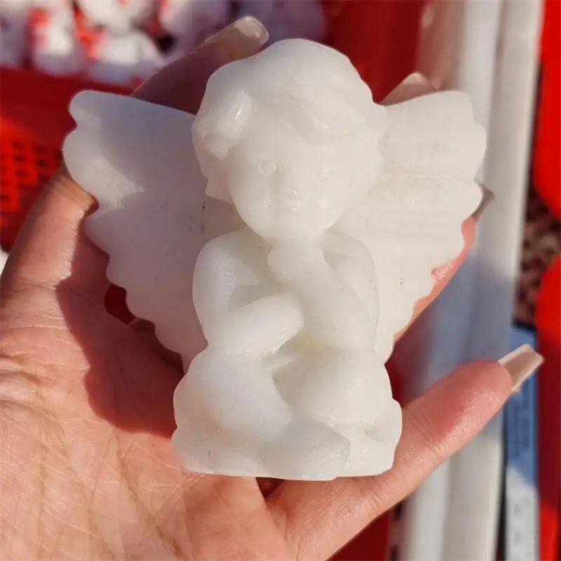 Natural White Marble Jade Angel Carving Crystal Healing Halloween Festival Craft For Decoration Gift 1pcs
