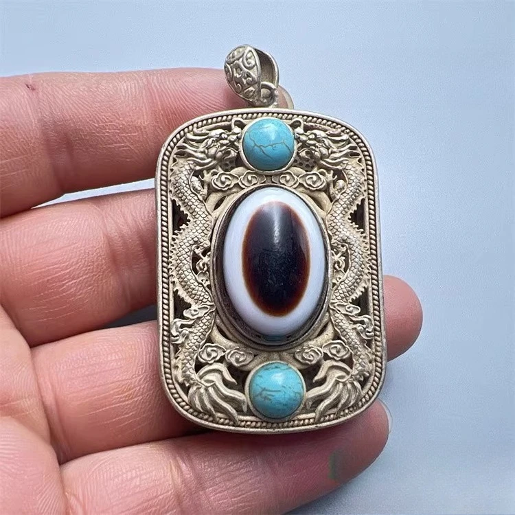 

Непал Тибетский старый тибетский серебряный перегородчатый жареный синий полый старый серебряный инкрустированный бирюзой Tianyan Dzi кулон