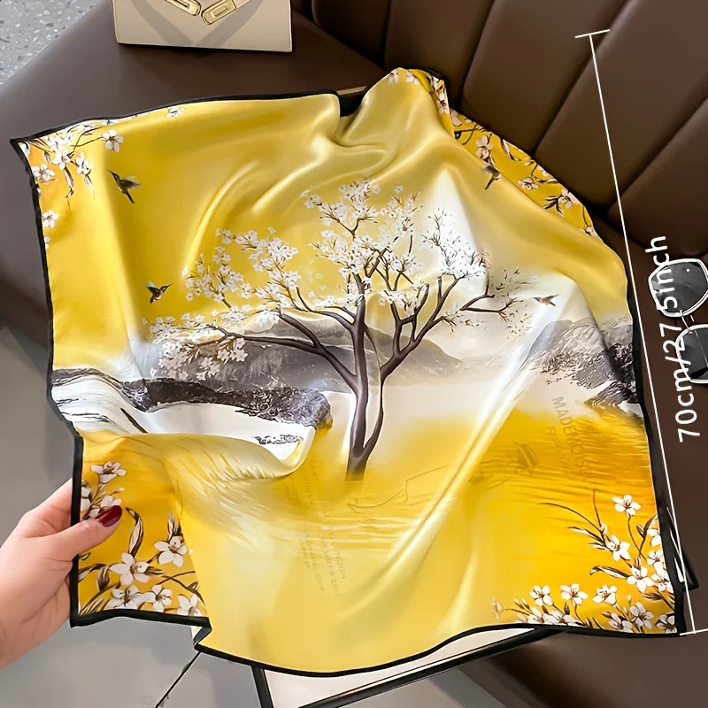 27.56inch Yellow Floral Print Square Scarf With Black Border Stylish Women’s Accessory for Fashion Accessory Neck Scarf