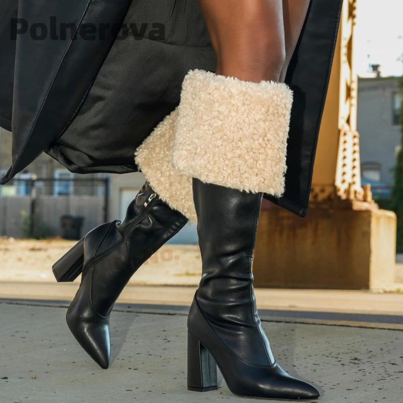 

Chunky Heels Fur Warm Boots for Women Knee High Black Leather Pointed Toe High Heels Winter Shoes Zip Turned Over Edges Shoes