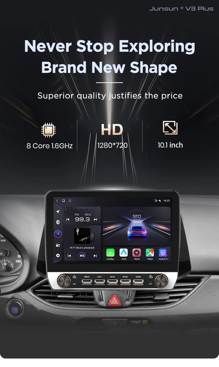 Junsun 10,1-Zoll-Autoradio für Hyundai I30 2017 2018, kabelloses CarPlay, Android Auto, intelligente Systeme, IPS-Touchscreen mit physischen Tasten, DSP, GPS-Navigation, WLAN, DAB+, RDS, FM/RAM, BT, SWC, Plug-and-Play, 2DIN-Multimedia-Player. – Detail 3