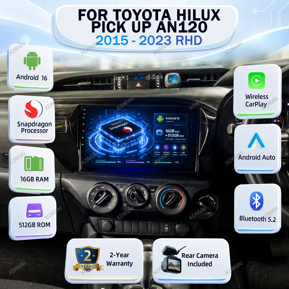 Android 16 For Toyota Hilux Pick Up AN120 2015 - 2023 RHD Video Player Multimedia Car Radio Autoradio RDS Navigation 4G LTE DSP
