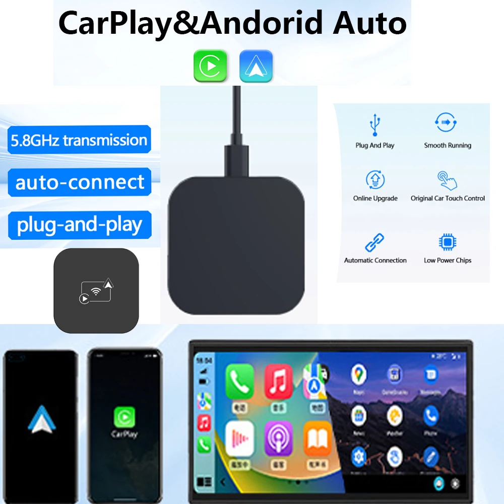 

2 in 1 Wired To Wireless CarPlay Box Android Auto Adapter Plug And Play USB/Type C Dongle Bluetooth WiFi Connect OTA Uppdated