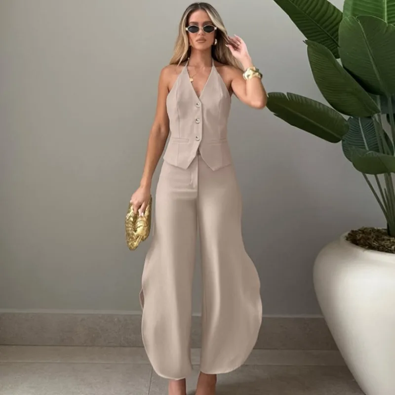 

Summer Women's Clothing Suit Khaki Design Sense V-Neck Sleeveless Vest Split Fork Scimitar Pants Two-Piece Set Exquisite Casual