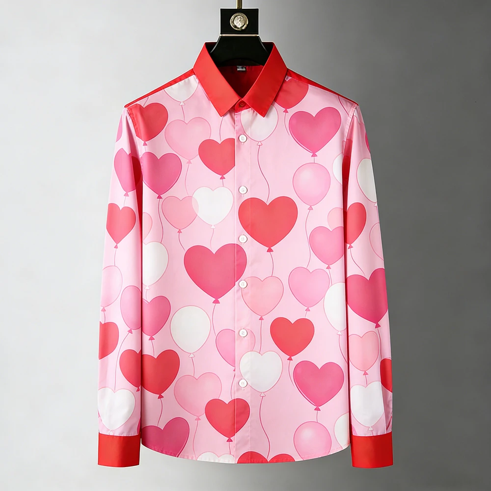 New Fashion Men's Long Sleeve Shirt Heart Balloon Valentine Print Button Down Holiday Party Fall Casual Tops Men Clothing