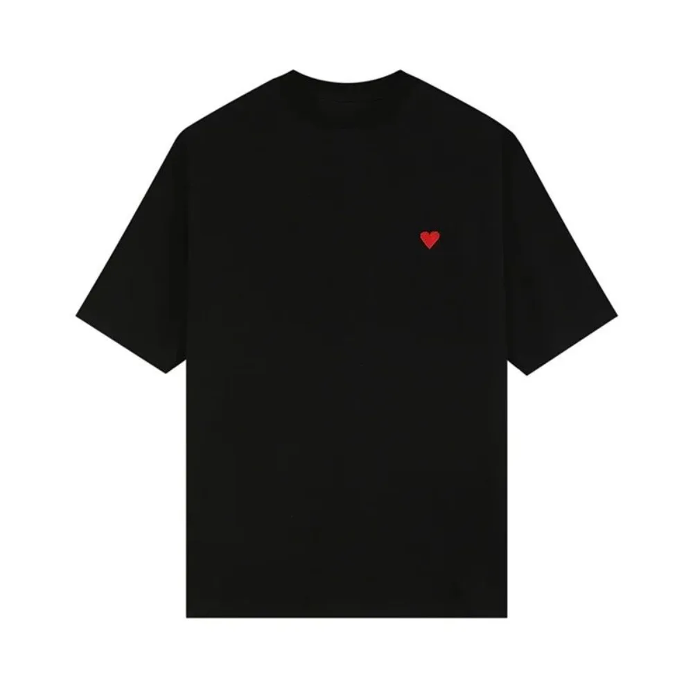 Chest Tiny Red Heart Embroidery Men Crew Neck T Shirt Solid Cotton Short Sleeve Minimal Casual Basic Tops