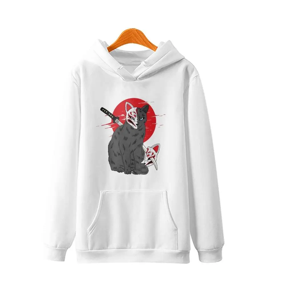 

Cartoon Samurai Cat Printed White Long Sleeve Pullover Hoodies Autumn Casual Couple Men Women Sweatshirt Harajuku Streetwear