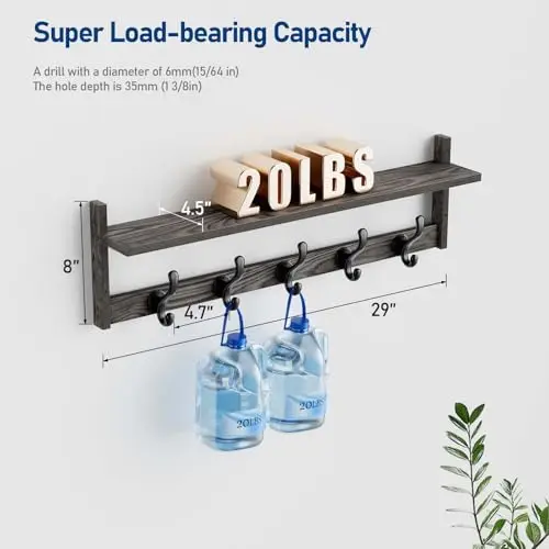 

29 Inch Wooden Wall Shelf With 5 Heavy-Duty Hooks And Storage For Entryway Living Room Or Bedroom