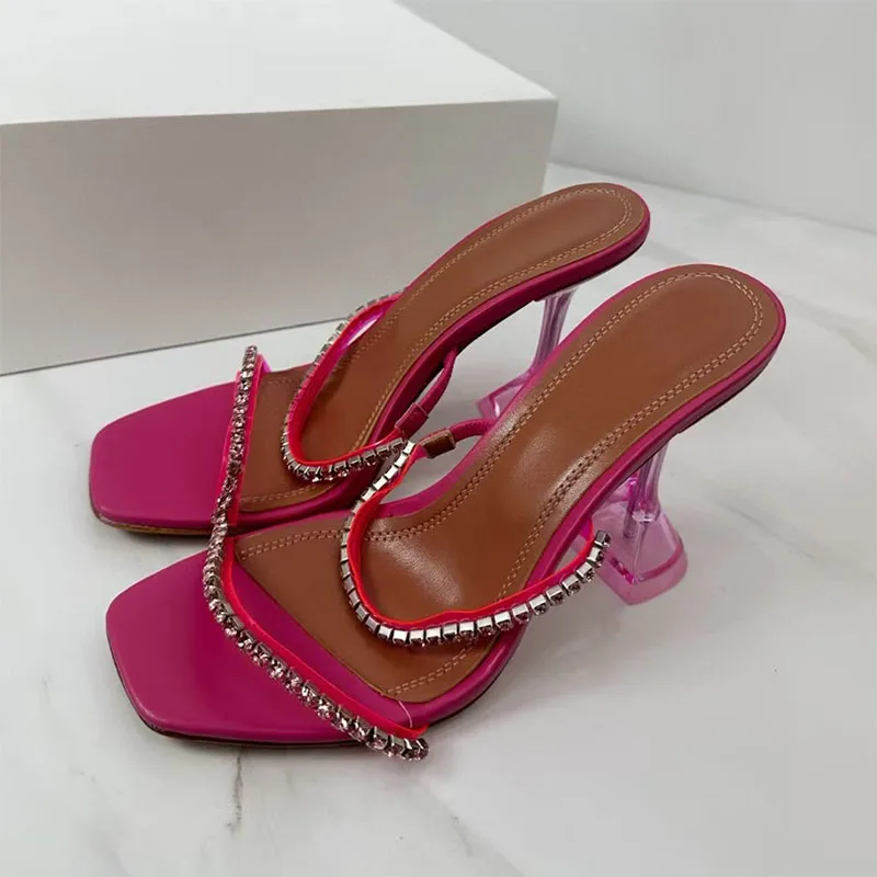 

Summer High Heels Slippers Women Square Peep Toe Slides Rhinestone Party Dress Shoes Women Strange Style Heels Sandals Woman