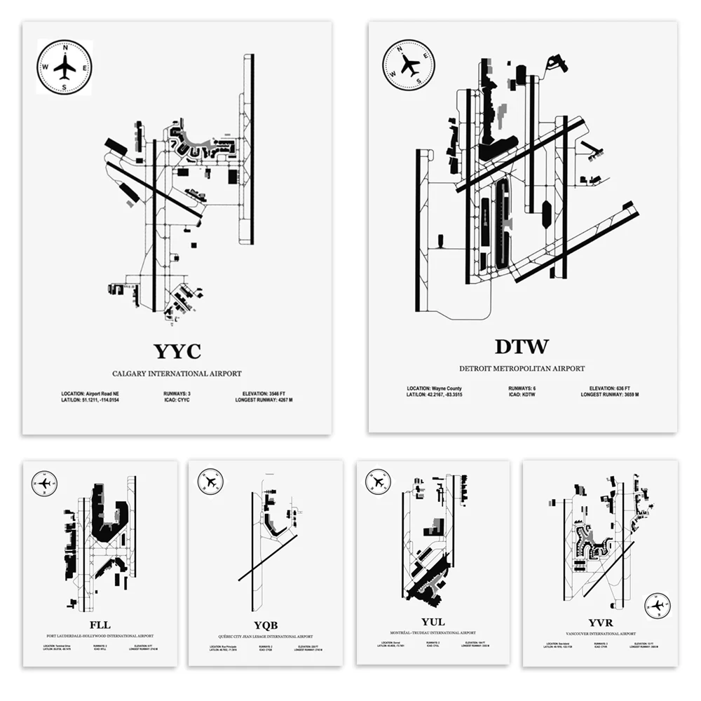 Indianapolis, John Glenn Columbus, Edmonton, Calgary, St. John's, John F. Kennedy, LaGuardia Airport design, aviation posters