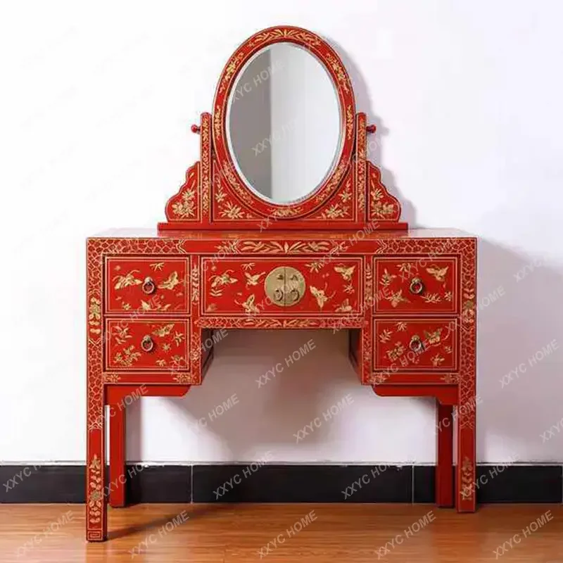 XXSolid wood painted dresser with mirror drawer makeup table Chinese decorative cabinet