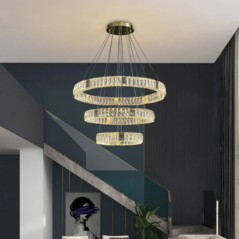 

Atmosphere Luxury LED Crystal Chandeliers Home Indoor Stair Hanging Pendant Lighting Living Room Hotel Villa Decor Lamps 100cm