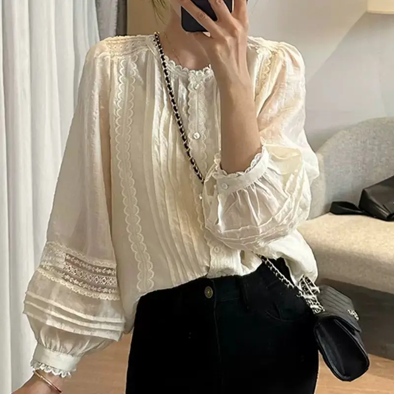 

Long Sleeved Lace Round Neck Shirt For Women's Spring Wear, New 2025 Shirt, Fashionable Temperament Top