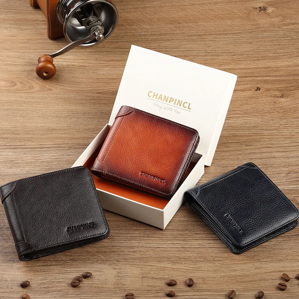 【Genuine Cow Leather】CHANPINCL Brand Men's Wallet Luxury Short Tri-Fold First Layer Cowhide Purse Business Horizontal Fashion