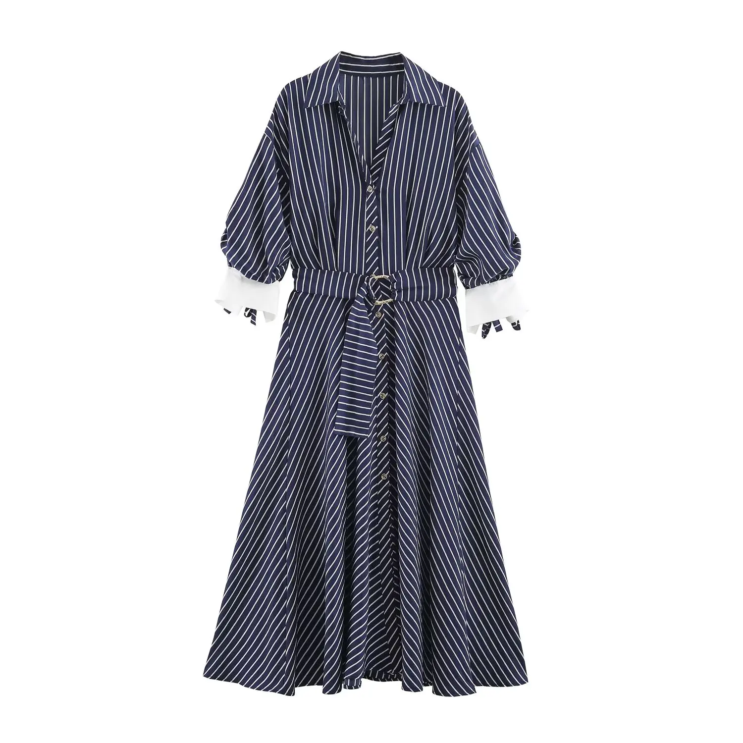 Neues 2026 Damen Gestreiftes Langes Kleid mit Gürtel Frühling Herbst Lässiger Hemdenstil Einreihiges Kleid Mode Freizeit Damenkleid – Detail 2