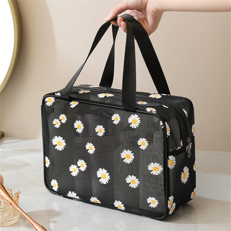 Women\'s Transparent Mesh Cosmetic Makeup Bags Daisy Printing Travel Toiletry Kits Make Up Case Zipper Beauty Brush Organizer