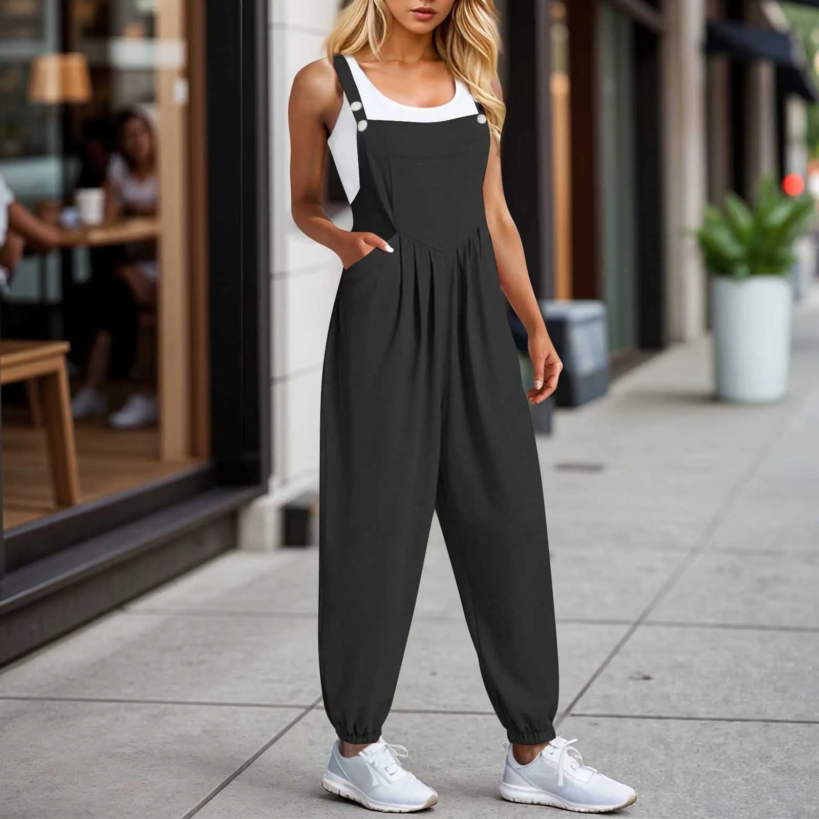 Women'S Spring  Jumpsuits Adjustable Strap Vintage Solid Color Sleeveless Pants With Pockets Enterizos Para Mujeres