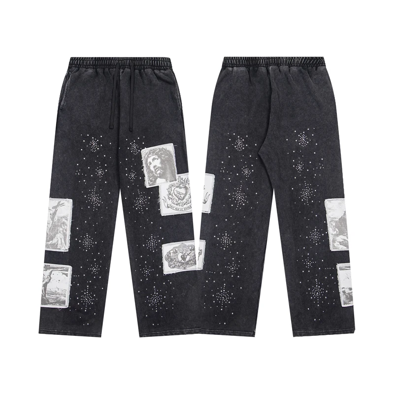 American Hip Hop Street Righteous Casual Pants Retro Washed Black High-quality Fashionable Pattern Loose Sweatpants