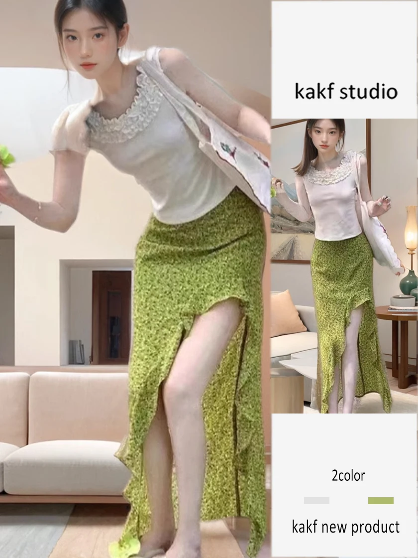 

Облегающий вязаный жилет с кружевной отделкой и юбкой с цветочным принтом, комплект из двух предметов для молодых женщин, летний ансамбль Faion