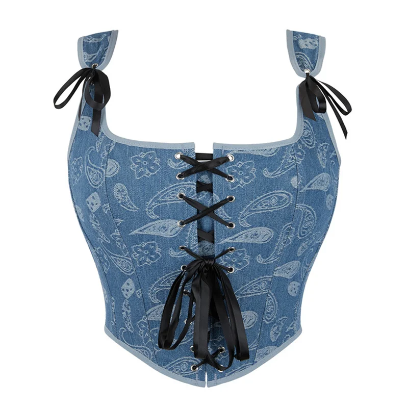 

New Corset Printed Blue Shoulder Corset with Strap Adjustable Women's Bustier Top Push-up Vintage Shapewear