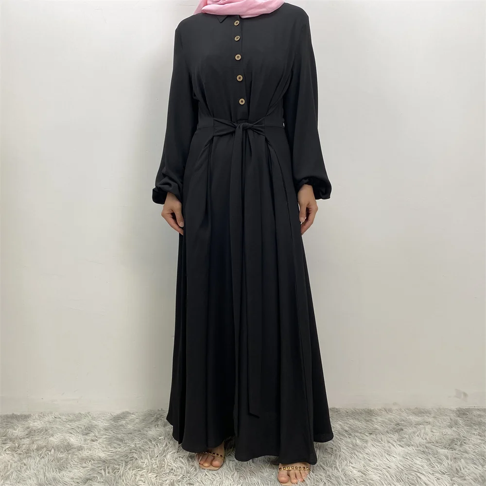 Muslim women summer hot sale chiffon dress Middle East Dubai Turkey solid color loose button elegant temperament dress with pock