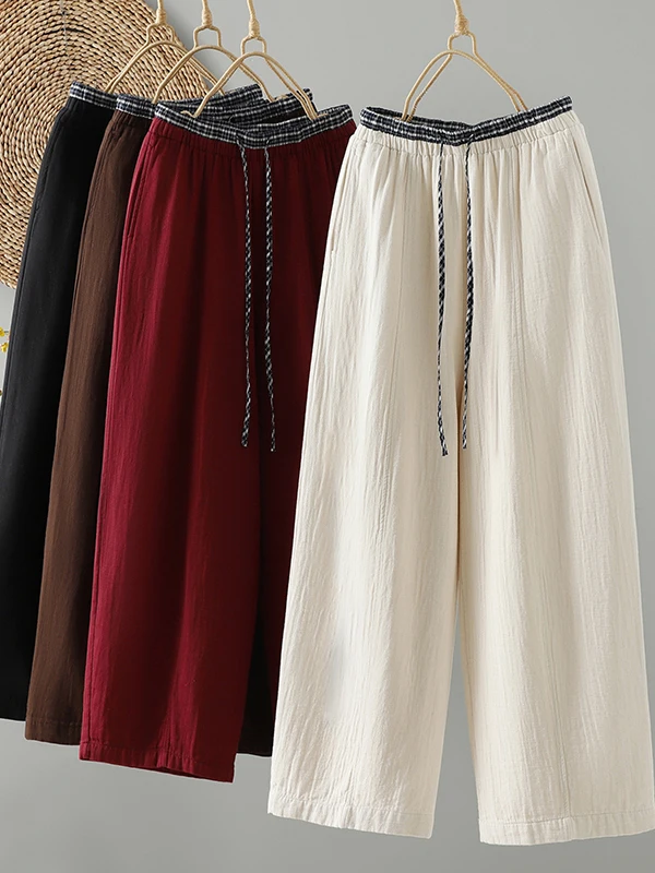 Retro Cotton Wide Leg Pants Women's High Waist Drawstring Casual Straight Cut Color Block Slimming Loose Long Trousers