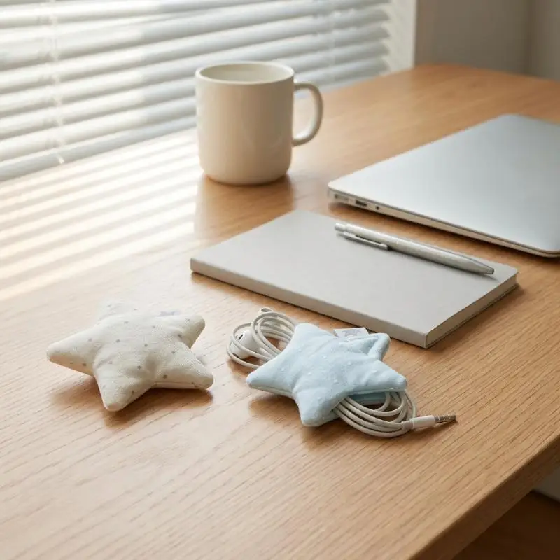 Y2K Cute Star Wave Point Earphone Storage Bag Soft Handmade Fabric Cable Holder Small Accessory Storage Pouch