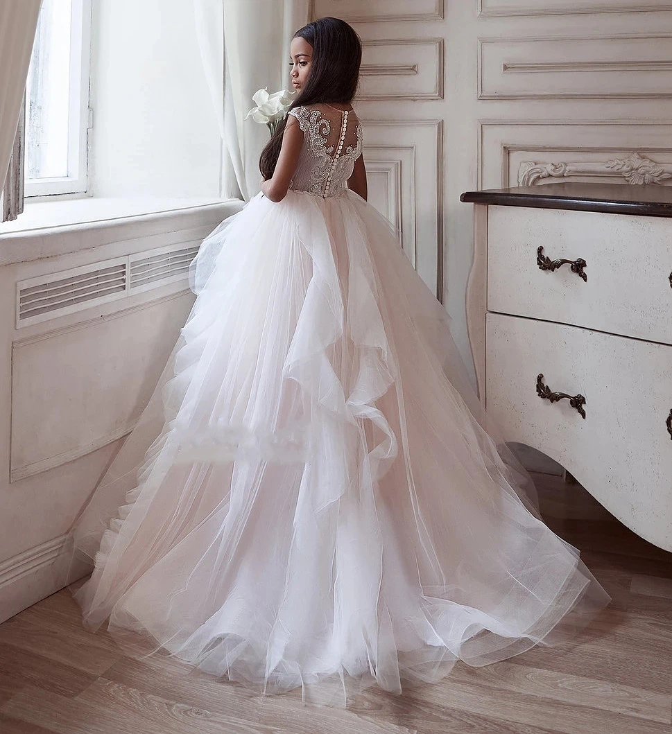 Vestido de niña de flores con cuentas de tul, cuello transparente, vestido de fiesta de boda para niños, vestido de primera comunión