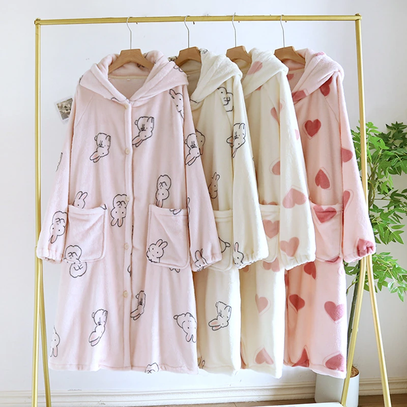 2025 New Autumn And Winter Nightgown Women's Coral Fleece Thick Hooded Bathrobe Loose Flannel Warm Long Cartoon Printed Pajamas