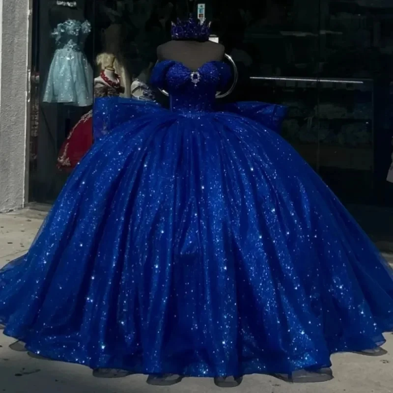 

Royal Blue Shiny Quinceanera Dresses Beads Crystal Lace-Up Tull Birthday Party Ball Gown Girls Sweet 16 Dress Corset vestidos de