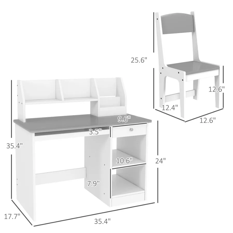 Qaba Desk and Chair Set with Storage Study Desk with Chair for 5-8 Years Old Gray