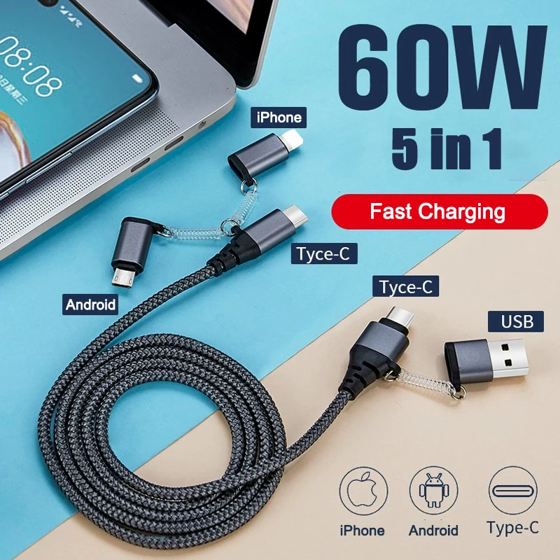 2m 5 in 1 USB C to USB Type C for Samsung S20 PD 60W Cable for Huawei Xiaomi 14Plus Quick Charge 3.0 USB-C Fast USB Charge Cord