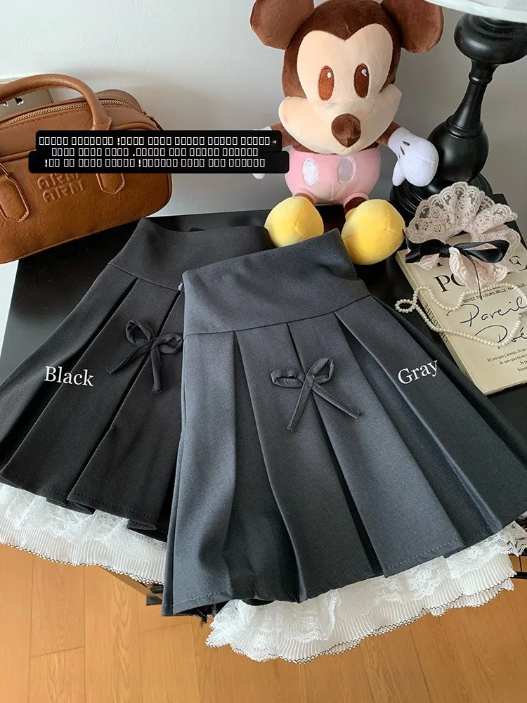 

Korean College Sle f Skirt with Knot And Lace Splicing A-Line Skirt for Women in ey Casual Sle