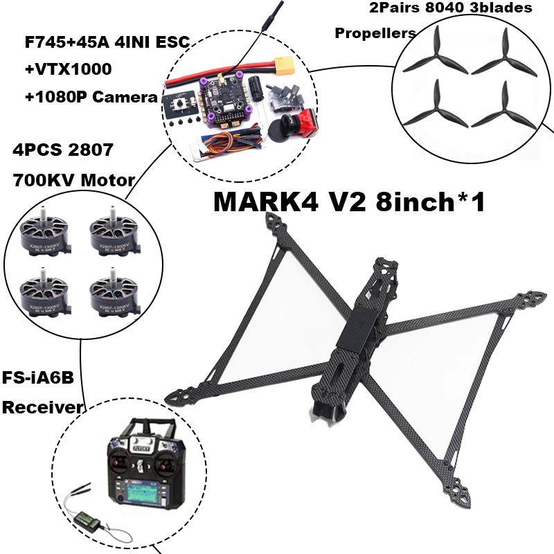 RC MARK4 V2 8/9/10 pulgadas F745 V2 Control de vuelo 45/60A 4INI ESC rack drone FPV fibra de carbono PV Racing Drone Quadcopter estilo libre