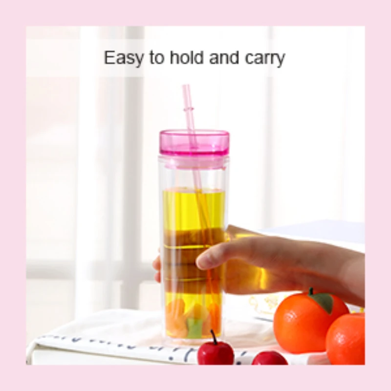 450ml Colorful Straw Cup,Skinny Clear Coffee Cup,Summer Ice Water Bottle,Double Wall Plastic Drinkware for Juice Shakes Smoothie