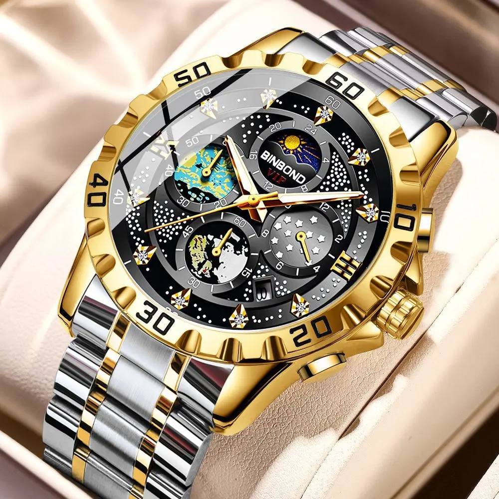 Men's Watch Fashion Business Luxury Calendar Night Light Steel strip Waterproof Watch Six Pin Multi functional Clock
