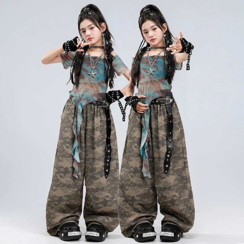 

Girls Jazz Dance Costume Short Sleeve Top Baggy Pants Hip Hop Fashion Performance Clothing Group Competition Outfits Stage Wear