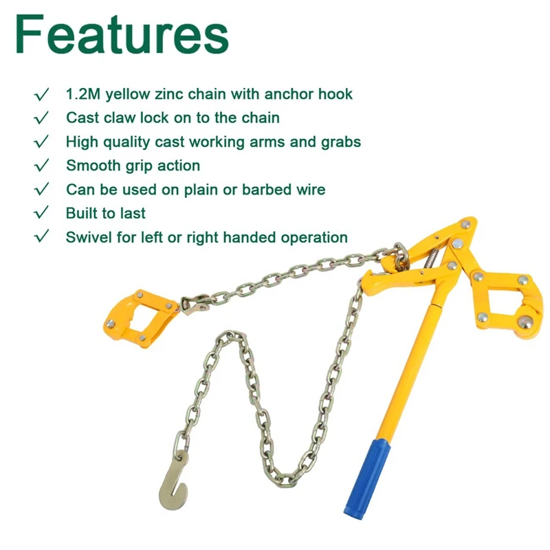 Chain Strainer Fence Repair Compact Tool,Barbed Wire Tightener 47.25 Inch Chain Capacity 2200Lbs Barbed Wire Stretcher